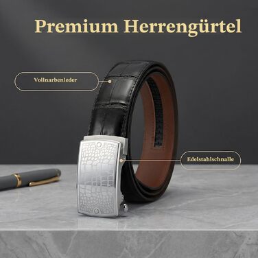 Шкіряний чоловічий ремінь VRLEGEND з автоматичною пряжкою зі сталі, натуральна коров'яча шкіра, чорний (Довжина 125 см, на талію 100-110 см) у подарунковій коробці