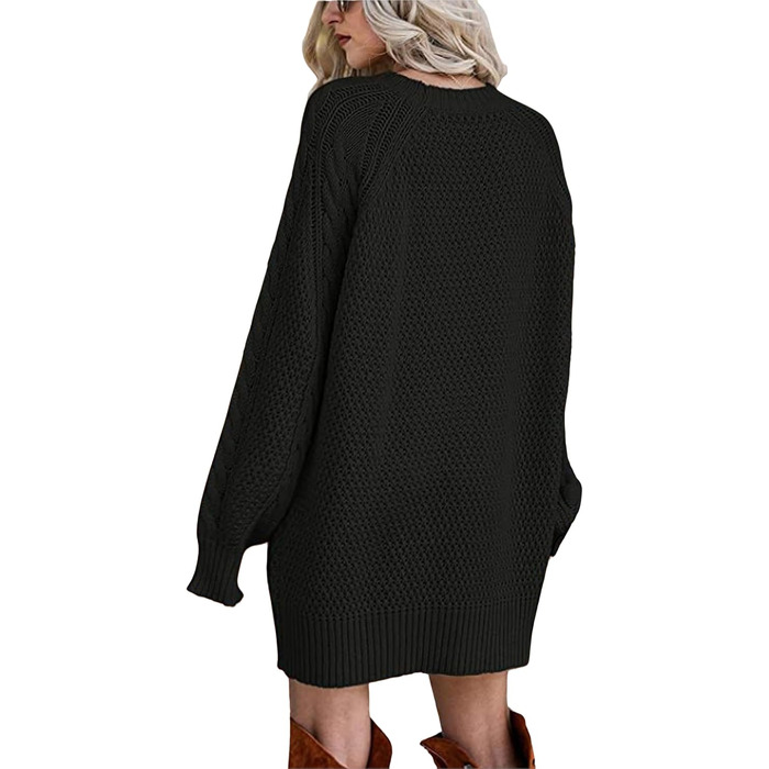 Жіноча трикотажна сукня-свитер ELFIN Oversized з пишними рукавами, тепла зимова міні-сукня грубої в'язки, чорна, розмір L