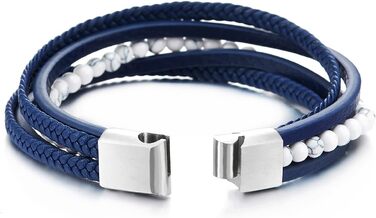 Чоловічий багаторядний браслет COOLSTEELANDBEYOND з плетеної шкіри та напівдорогоцінних каменів, сталь, магнітна застібка (синій/білий)