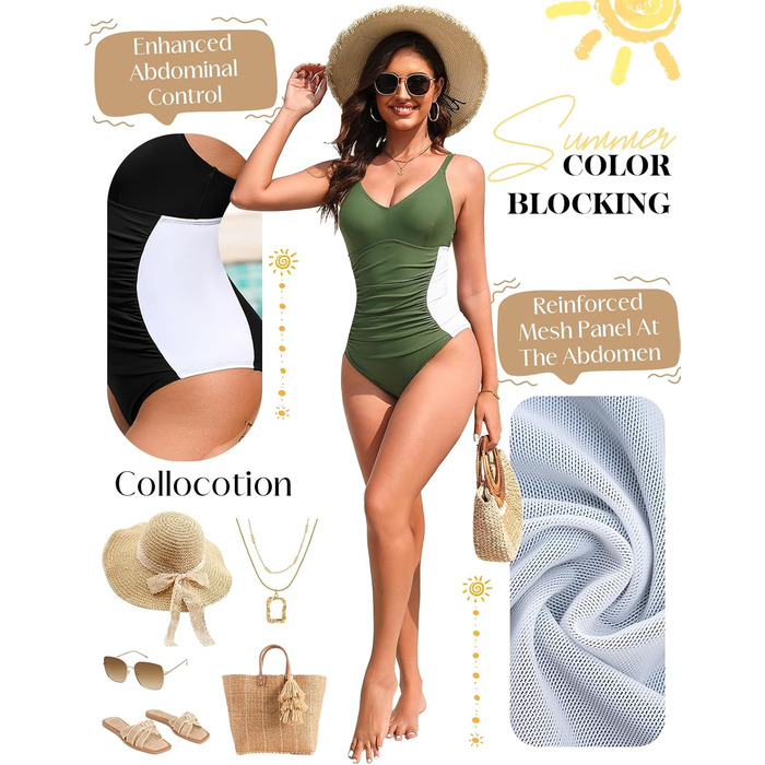 Купальник жіночий Badeanzug, фігуроформний, V-подібний виріз, з регульованими бретелями, збоку таліювання, армійного кольору (S)