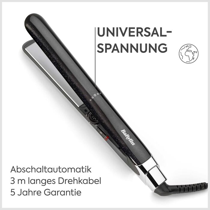 Випрямляч для волосся BaByliss Midnight Shine ST590E з титано-керамічними пластинами, 13 рівнів температури (170–235°C), подовжені пластини, ефект анти-фриз, чорний
