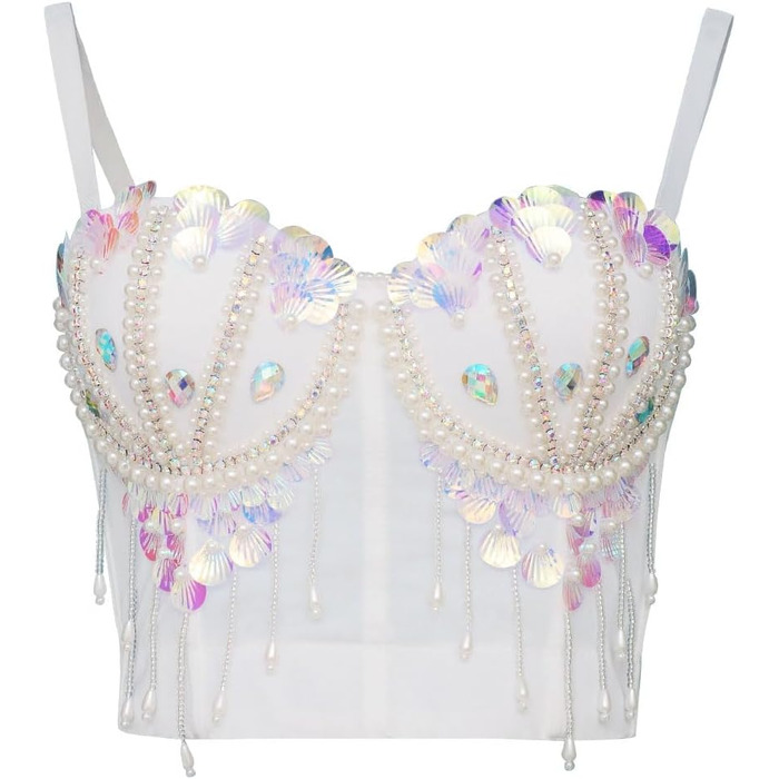 Жіночий корсет-бюстгальтер Royal Smeela з паєтками, перлами та стразами. Короткий топ, корсетний бюст, клубний стиль, для вечірок та свят. Білий корсет з бахромою.