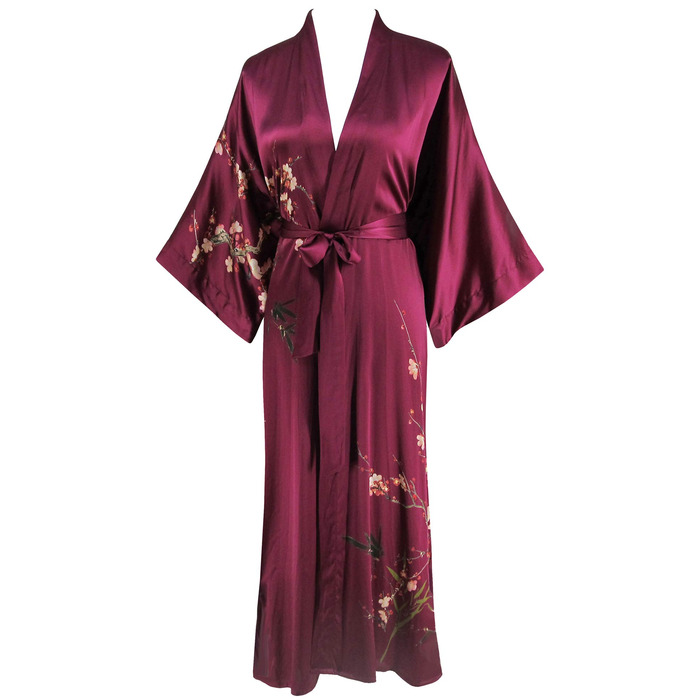 Шовковий халат-кімоно Ledamon для жінок, довгий, 100% шовк, класичний квітковий халат, нічна сорочка, універсальний розмір, бордовий