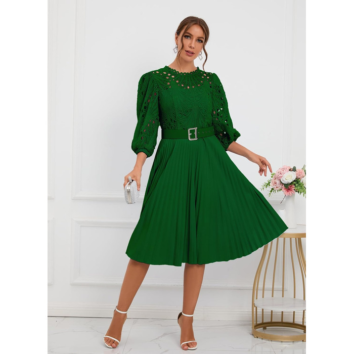 Сукня міді Spitzenkleid: плісе, пишні рукави, довжина міді, зелена (M)
