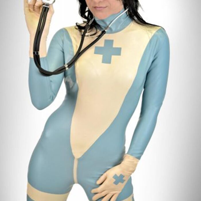 Костюм-комбінезон з лакованої шкіри з блискавкою спереду - жіночий фешн-костюм, клубний образ, фетиш-костюм, catsuit, для клубів та вечірок