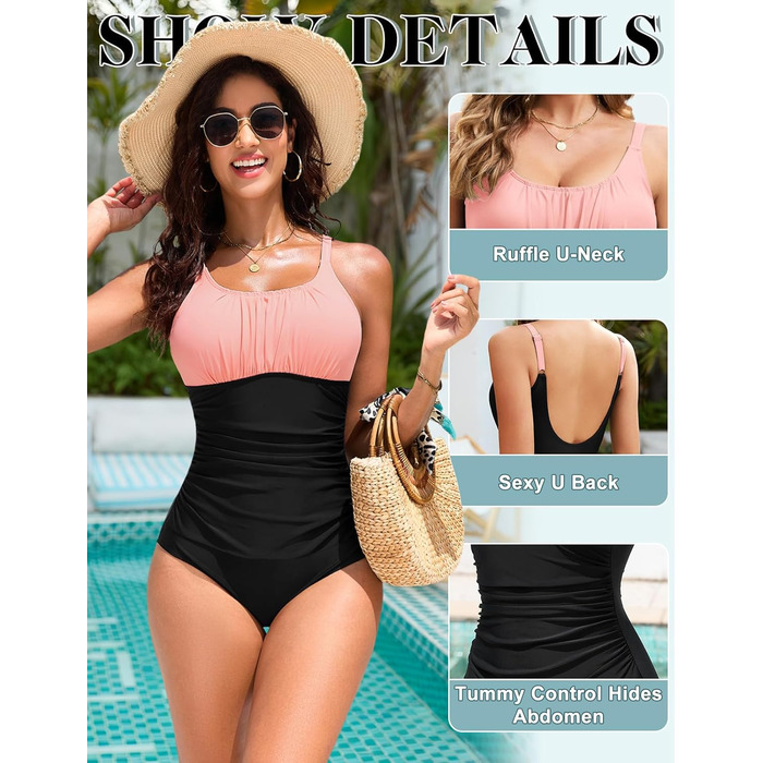 Одноцільний купальник Vancavoo з пуш-ап, корегуючий, з відкритим спиною, рюшами та V-подібним вирізом (M, Рожевий + Чорний)