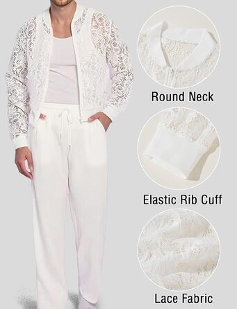 Чоловіча мереживна куртка AIEOE з довгим рукавом, сітка, топ, мереживний блейзер для вечірок, клубів, прозорий топ, мереживний топ для клубу, Fasching, білий