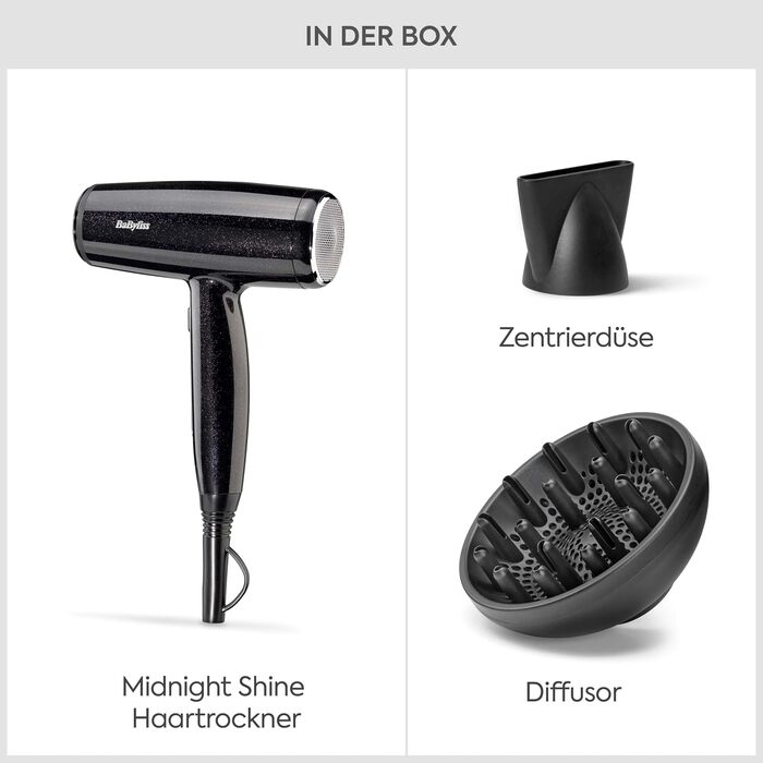 Фен для волосся BaByliss Cosmos D580DE з дифузором, 2100 Вт, іонізація, 3 температурні та 2 швидкості обдуву, сріблястий (Black Sparkle)