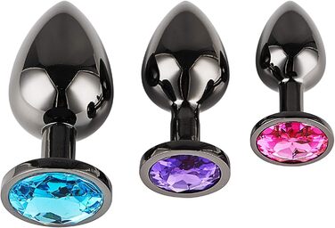 Набір анальних пробок 3 шт. з металу (Gunmetal) – велика, середня, мала. Підходить для початківців, жінок, чоловіків, пар. Кольори: синій, фіолетовий, рожевий. Іграшки для дорослих.