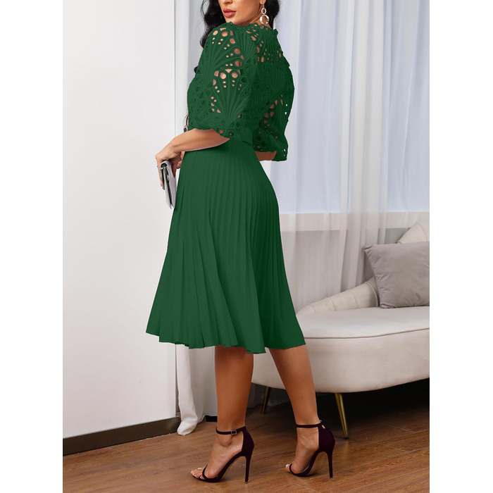 Сукня міді Spitzenkleid: плісе, пишні рукави, довжина міді, зелена (M)