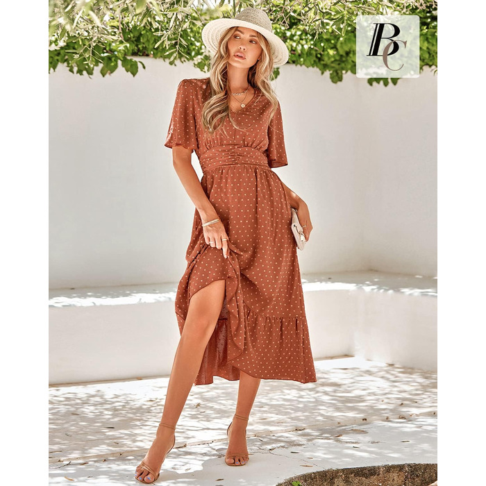 Сукня літня жіноча BebreezChic Boho елегантна довга з V-вирізом, висока талія, швейцарська сітка, з квітковим принтом, пляжна максі-сукня XL карамельного кольору
