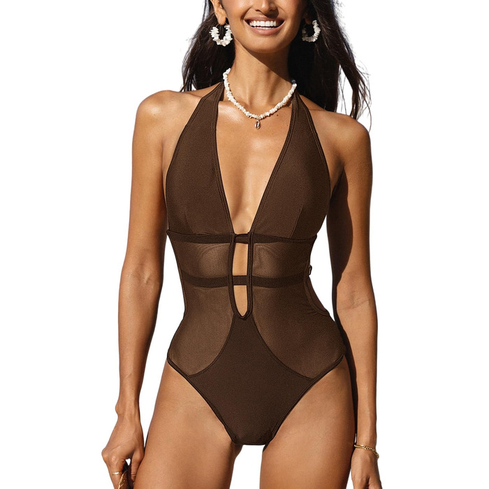 CUPSHE купальник з глибоким вирізом, на зав'язках, з сіткою, відкритий на спині, однотонний (колір: коричневий)