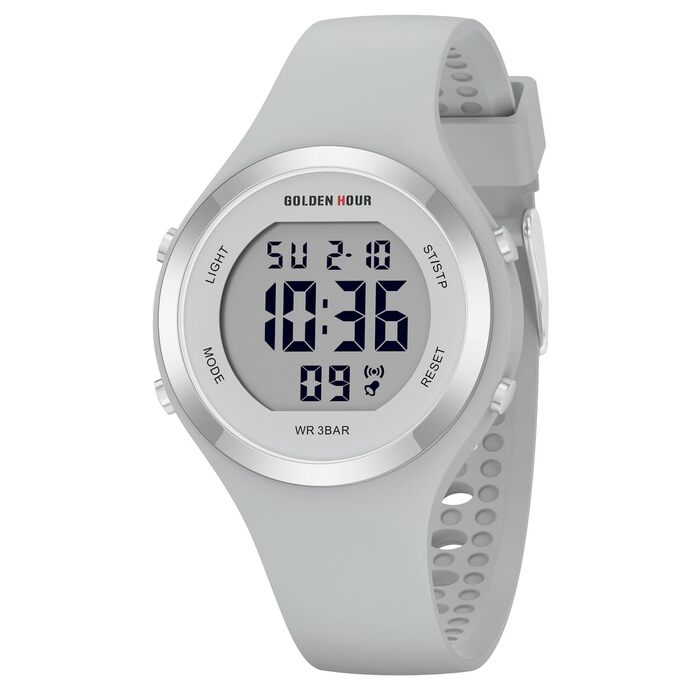 Жіночий спортивний годинник GOLDEN HOUR Digital Chronograph: водонепроникність 5ATM, силіконовий ремінець, з датою та підсвічуванням циферблата (Сірий)