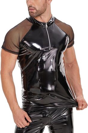 Чоловіча сексуальна футболка з екошкіри, батал, S-5XL, блискуча ПВХ шкіра, прозора сітка, блискучий латексний короткий піджак для чоловіків, чорний, 4XL