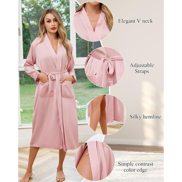 Жіночий атласний халат довгий, баняк, кімоно, легкий, весільний, м'який, для вечірки, нічна сорочка, V-подібний виріз, S-XXL, XL, світло-рожевий