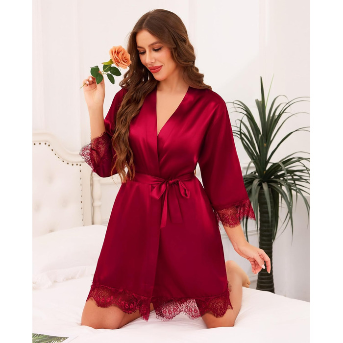 Халат жіночий Lovasy Satin з короткими рукавами, стиль кімоно, мереживо, сексуальний, для вечірки, весілля, з поясом, фіолетовий, червоний, L