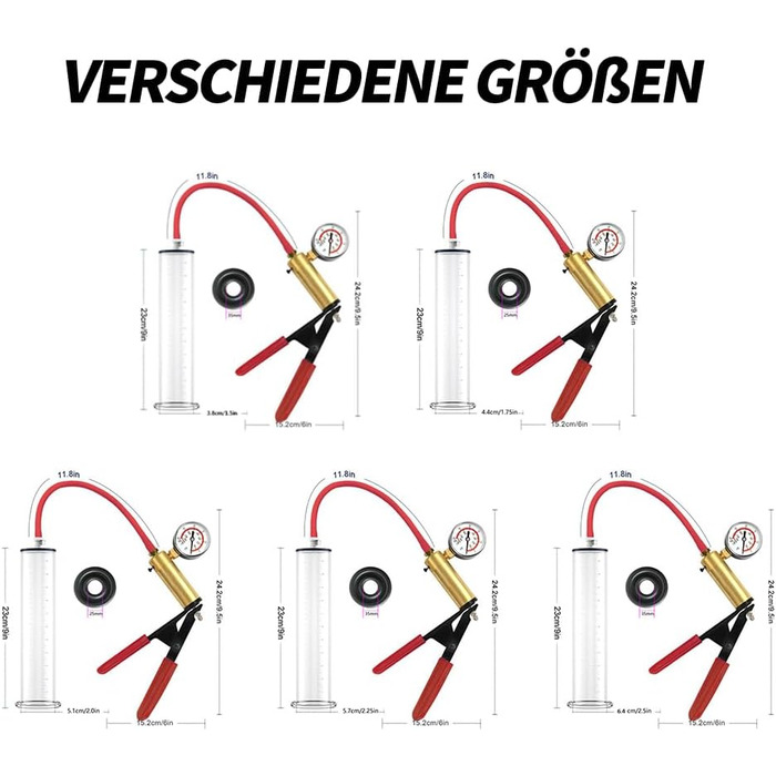 Ручна вакуумна помпа для збільшення пеніса з манометром та металевою ручкою - для ерекції та тренування витривалості, прозора помпа для чоловіків, секс-іграшка (23 * 6.4 см)