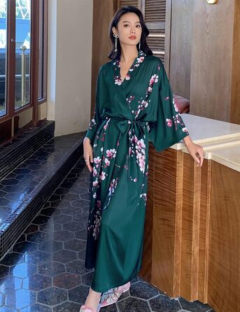 Жіночий халат з довгим рукавом з шовку та атласу з квітковим принтом (сливові квіти, темно-зелений)