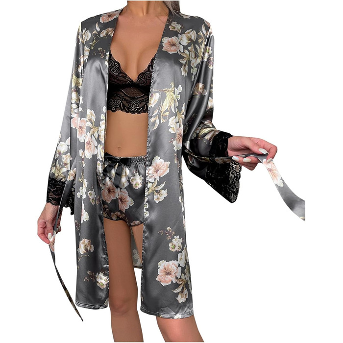 Світшот з фротте, сатиновий халат, піжама, нічна сорочка, кімоно, халат для душу, даний з поясом (сірий, S)