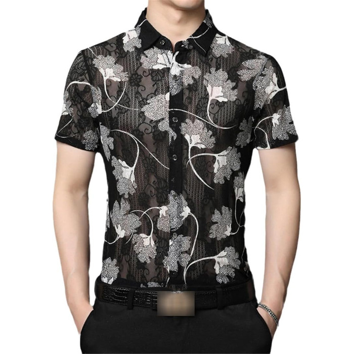 Чоловіча сорочка з квітковим мереживом, прозора по краю, літня, з короткими рукавами, облягаючого крою, для клубу та вечірок, прозора, чорна