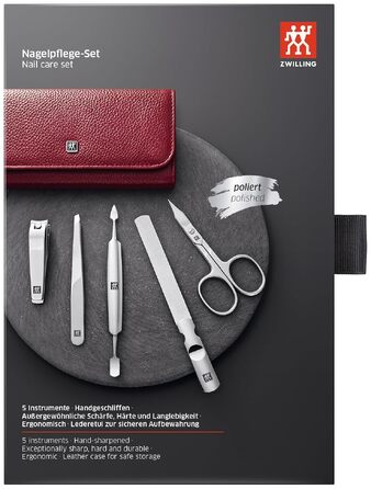 Набір для манікюру та педикюру ZWILLING (5 предметів), дорожній набір зі сталі з шкіряним футляром, червоний