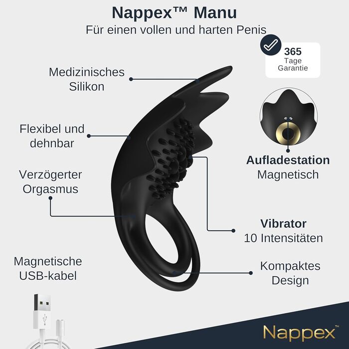 Кольце для статевого члена Nappex Manu з вібрацією - секс-іграшка для пар та чоловіків. Комплект з пультом дистанційного керування, потужний мотор, силікон.