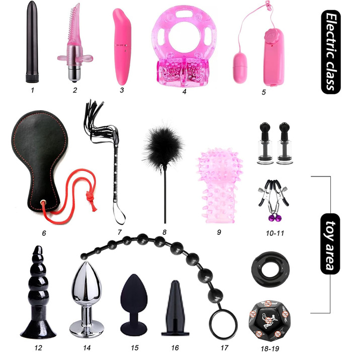 Набір для БДСМ: кайдани, наручники, анальний плагін, кліпси для сосків, плетіння, маска для очей, 28 шт. (фіолетовий)