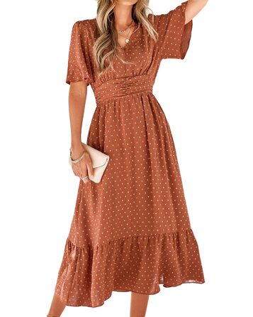Сукня літня жіноча BebreezChic Boho елегантна довга з V-вирізом, висока талія, швейцарська сітка, з квітковим принтом, пляжна максі-сукня XL карамельного кольору