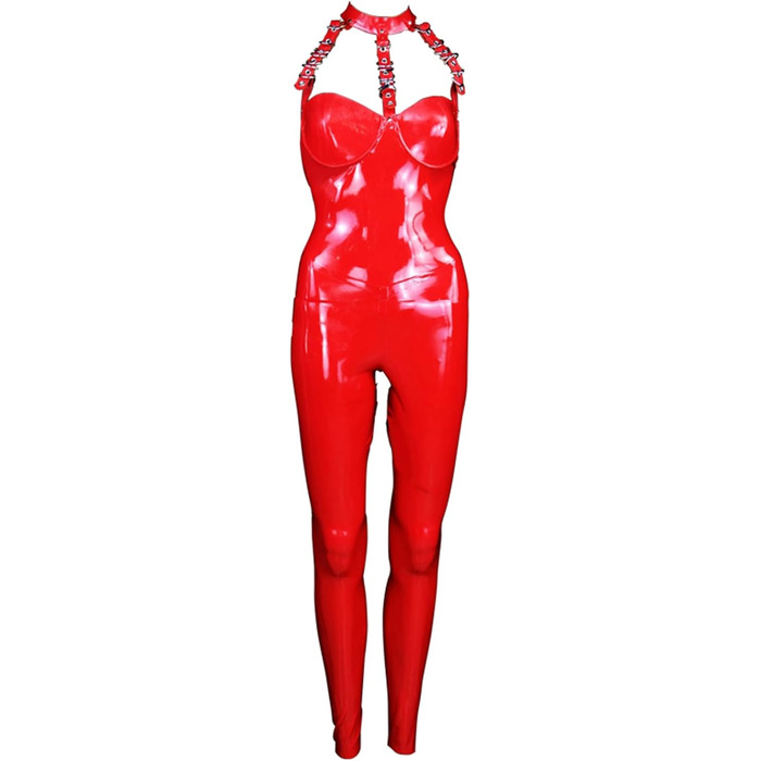 Боді з лакованої шкіри для жінок YXFHHY - мереживний топ, боді з ланцюжком, клубний костюм, боді з блискавкою, облягаючий комбінезон, червоний, XS