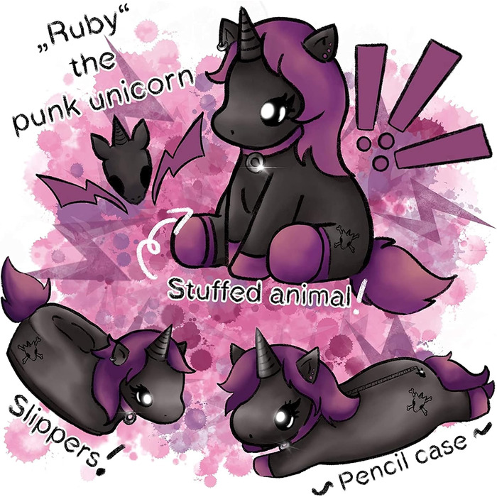 Плюшеві капці для дому corimori Ruby das Punk Einhorn (Єдиноріг), чорно-рожеві, гнумка підошва, розмір 34-44 EU