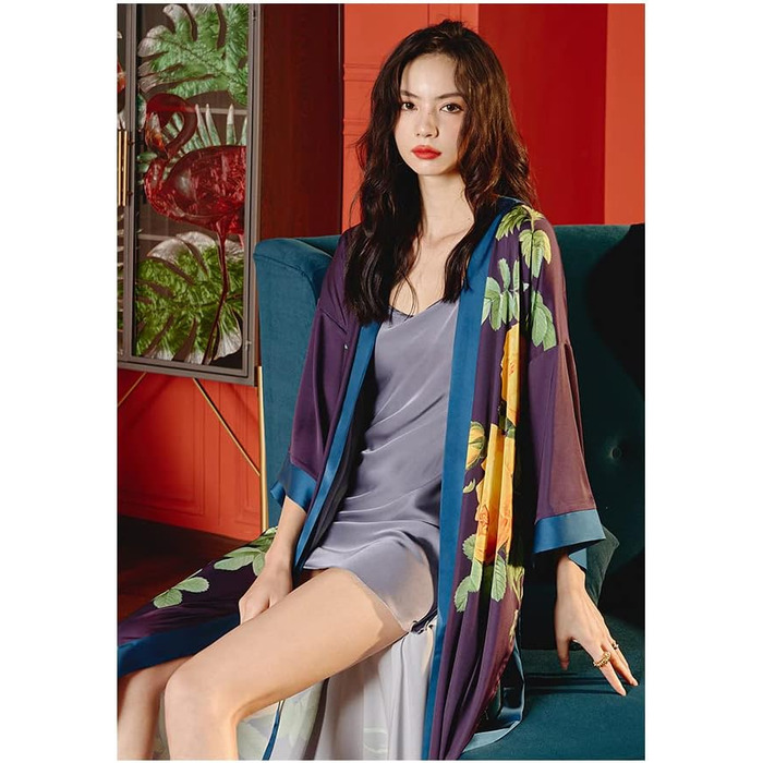 Халат жіночий атласний максі довгий, шовковий кімоно, халат для ванної кімнати, літня роба, піжама, вечірній халат, квітковий принт, темно-фіолетовий (один розмір)