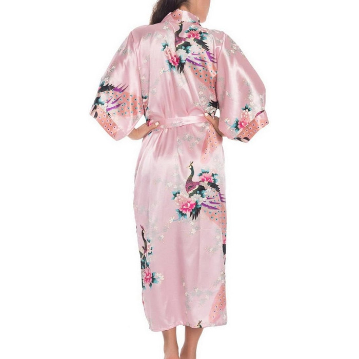 Халат жіночий атласний FEOYA літній з квітковим принтом павича, кімоно, напіврукав, рожевий, розмір L