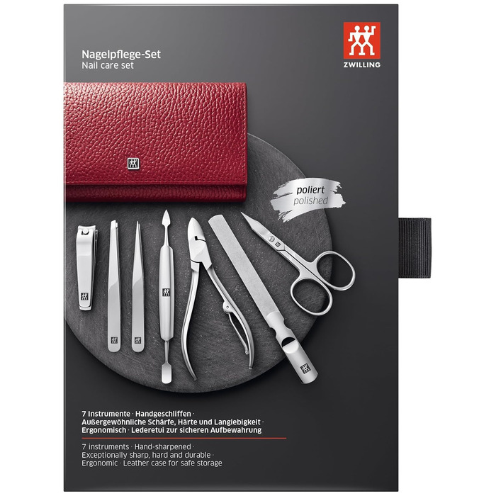 Професійний набір для манікюру та педикюру ZWILLING Premium Edition, 7 предметів, зі шкіряним дорожнім футляром, полірована нержавіюча сталь (Червоний)