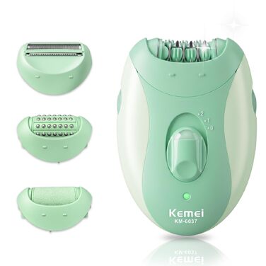 Епілятор KEMEI 4-в-1 для жінок: електричний голений апарат з LED-підсвіткою, 4 насадки (епіляція, гоління, масаж, видалення мозолів) для обличчя, пахв та бікіні, зелений