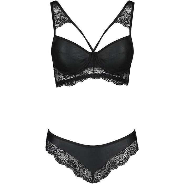 Чорний жіночий комплект спідньої білизни: бюстгальтер з кісточками та стрінги з штучної шкіри та мережива, S-M