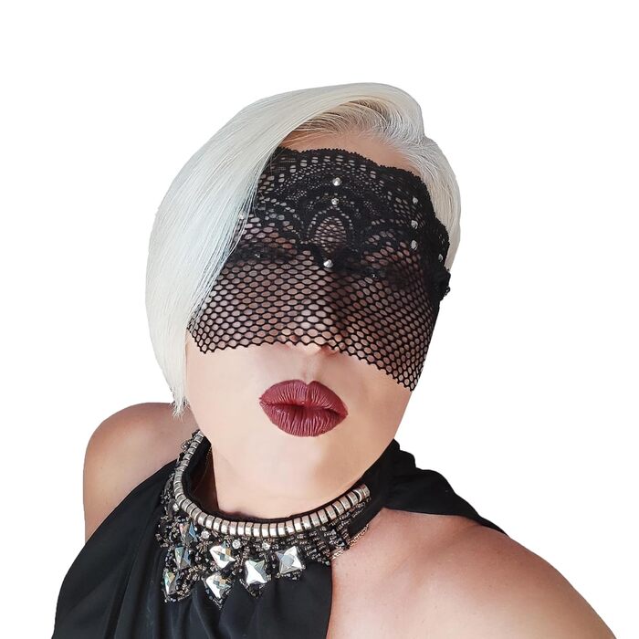 Чорна мереживна півмаска для жінок з червоними стразами – венеціанська маска для маскараду, карнавалу, весілля, вечірки, косплею, бурлеску та Марді Гра (Чорний (білі стрази))