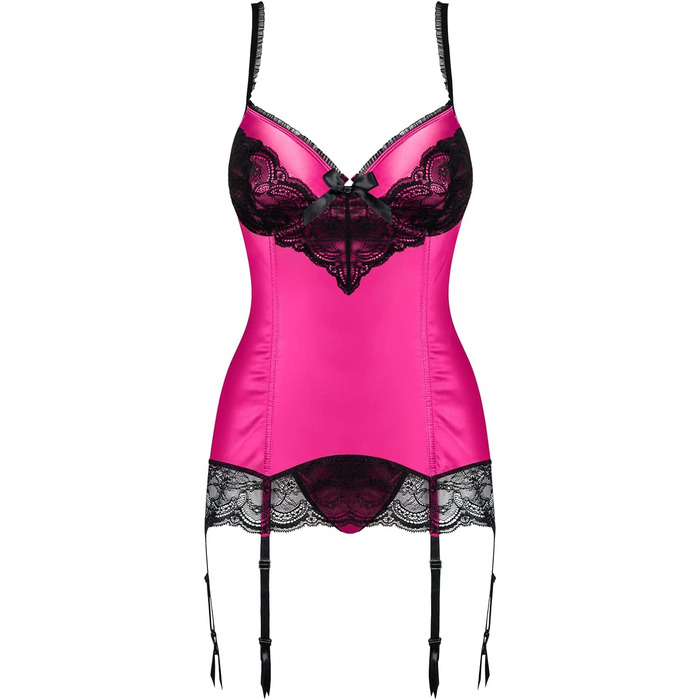 Obsessive Комплект спідньої білизни: стрінги та бюстгальтер без бретелек з глибоким вирізом, червоний, з мережива, прозорий, з бантиками, S-M, фуксія