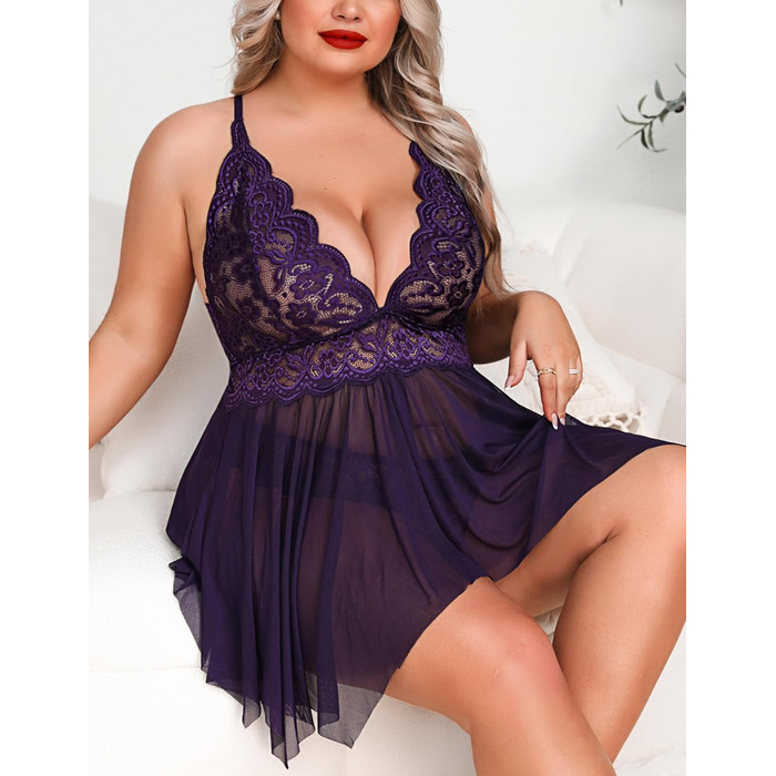 Aranmei: Нічна сорочка боді для жінок великих розмірів, мереживний топ-боді (фіолетовий, L)