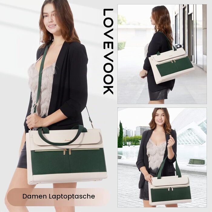 Жіноча сумка для ноутбука LOVEVOOK 15.6 дюймів, елегантна ділова сумка-шопер з екошкіри для роботи, офісу та навчання, фіолетова (Бежево-зелена)