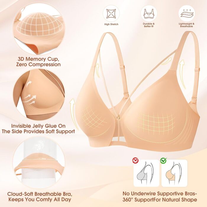 Бюстгальтер BH Daen без кісточок Push Up, сексуальний, безшовний, м'який, для сну, V-подібний виріз, класичний (Nude, L)