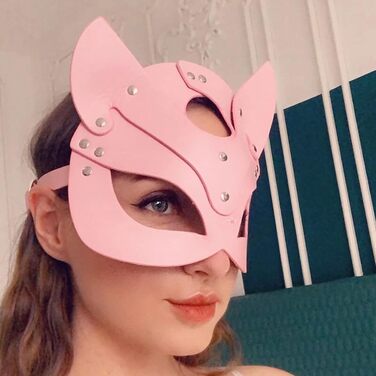 Маска для обличчя SINSEN з екошкіри у вигляді кота, для косплею, Хелловін, карнавал, аксесуар (Рожева)