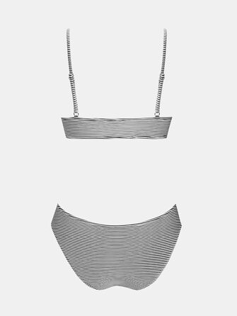 CUPSHE Bikini Set Daen: Роздільний купальник з високою талією та кросоверним бюстгальтером (XL, білий/чорний у смужку)