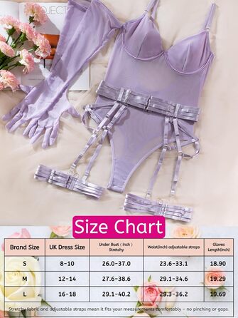 ЕVELIFE Сексуальний боді з мережива та сітки для жінок - 3-частинний комплект з панчохами та рукавичками, фірмовий комплект нижньої білизни (фіолетовий, 36)