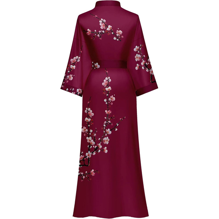 Жіночий халат з довгим рукавом з шовку, сатин, кімоно, квітковий принт, універсальний розмір (квіт павловнія, винний)