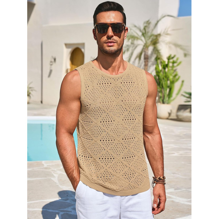 Чоловіча в'язана майка Runcati без рукавів з відкритим декором, кроп-топ, літня пляжна сорочка в стилі хіпі (Хакі, L)