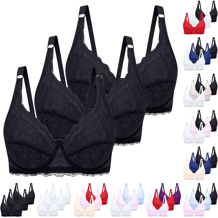 3 шт. комплект жіночої бюстгальтера без кісточок CXCX Push Up мереживний, чорний, рожевий, білий, регульовані бретелі, комфортний, для щодня, 95C
