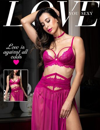 Сексуальний жіночий комплект спідньої білизни LOVE YOU з мережива: бюстгальтер, пояс, прозорий мереживний халат та стрінги (80B, Рожево-фіолетовий)