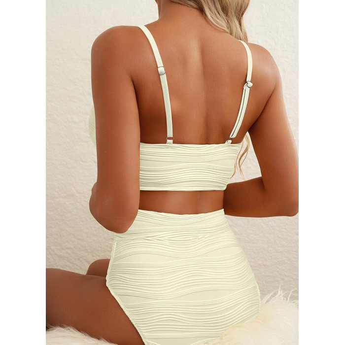 Бікіні-сет Herseas 2 шт. з металевим вирізом, висока талія, структурований, 2025, для літа, пляжу, бежевий