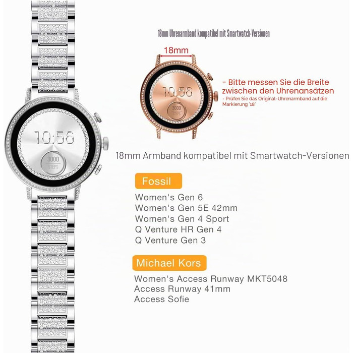 Металевий ремінець Abanen для годинників Fossil Gen 6 (жіночий) та Gen 5 (42 мм), 18 мм, сріблястий, з кристалами та швидким замком для Fossil Q Venture 3/4