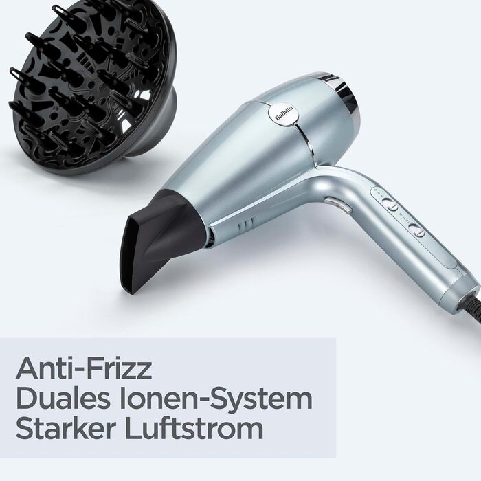 Професійний іонний фен BaByliss Hydro-Fusion 2100W з дифузором та концентратором, плазма-технологія для блиску та гладкості волосся, 3 режими температури, 2 швидкості, синій, D773DE